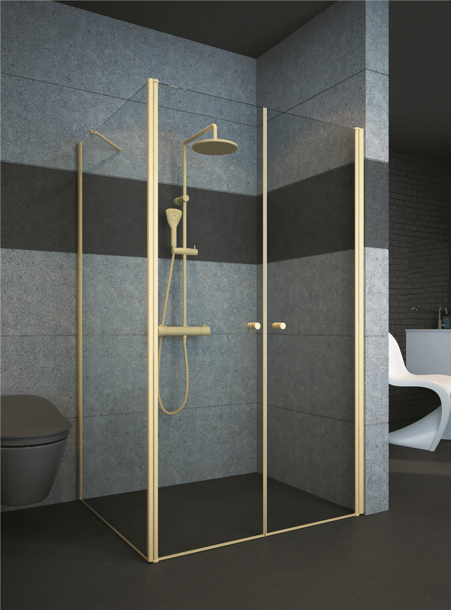 מקלחון פינתי חזית 2 דלתות וקיר צד פרופיל זהב מט ( מידות 101-140 ס"מ )
