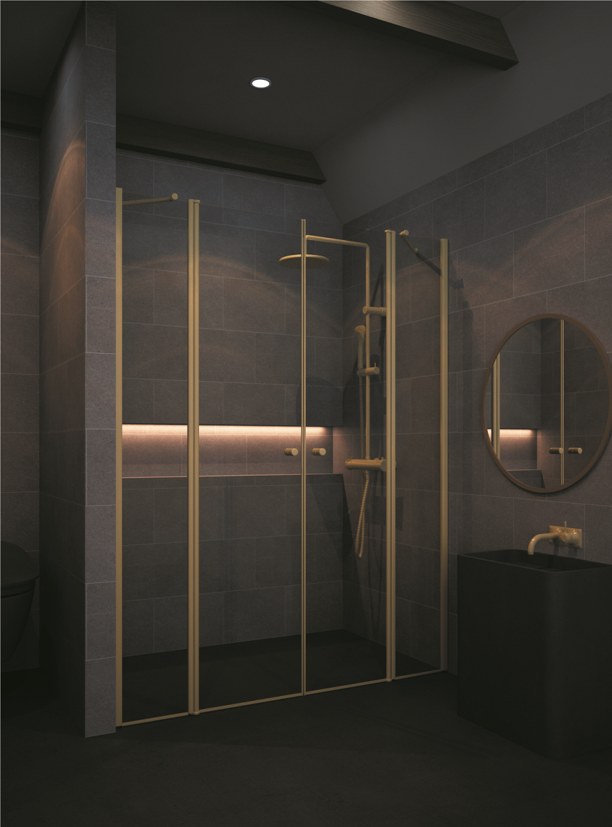 מקלחון חזית 2 דפנות + 2 דלתות פרופיל זהב מט, (מידות 130-200 ס"מ)