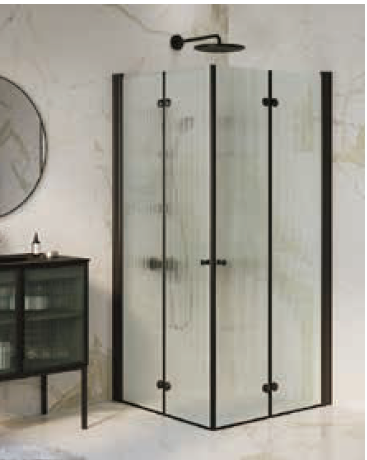 מקלחון פינתי דגם מגיק 80/80 (77-80) פרופיל שחור מט , 2 דלתות הרמוניקה מתקפלות זכוכית גלינה