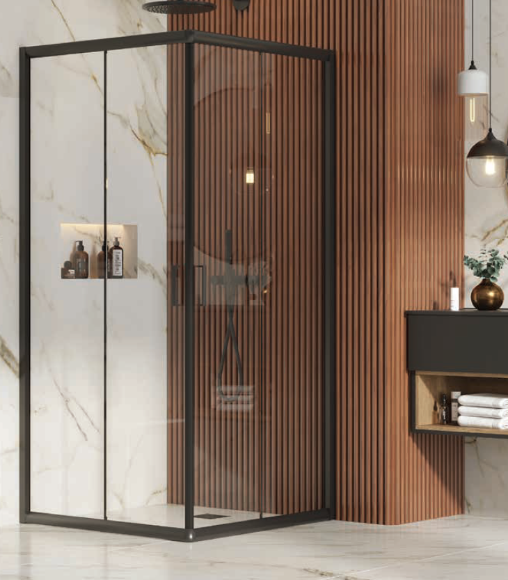 מקלחון פינתי דגם פיקסו 80/80 (77-80) פרופיל שחור 2 קבוע 2 דלתות הזזה זכוכית שקופה