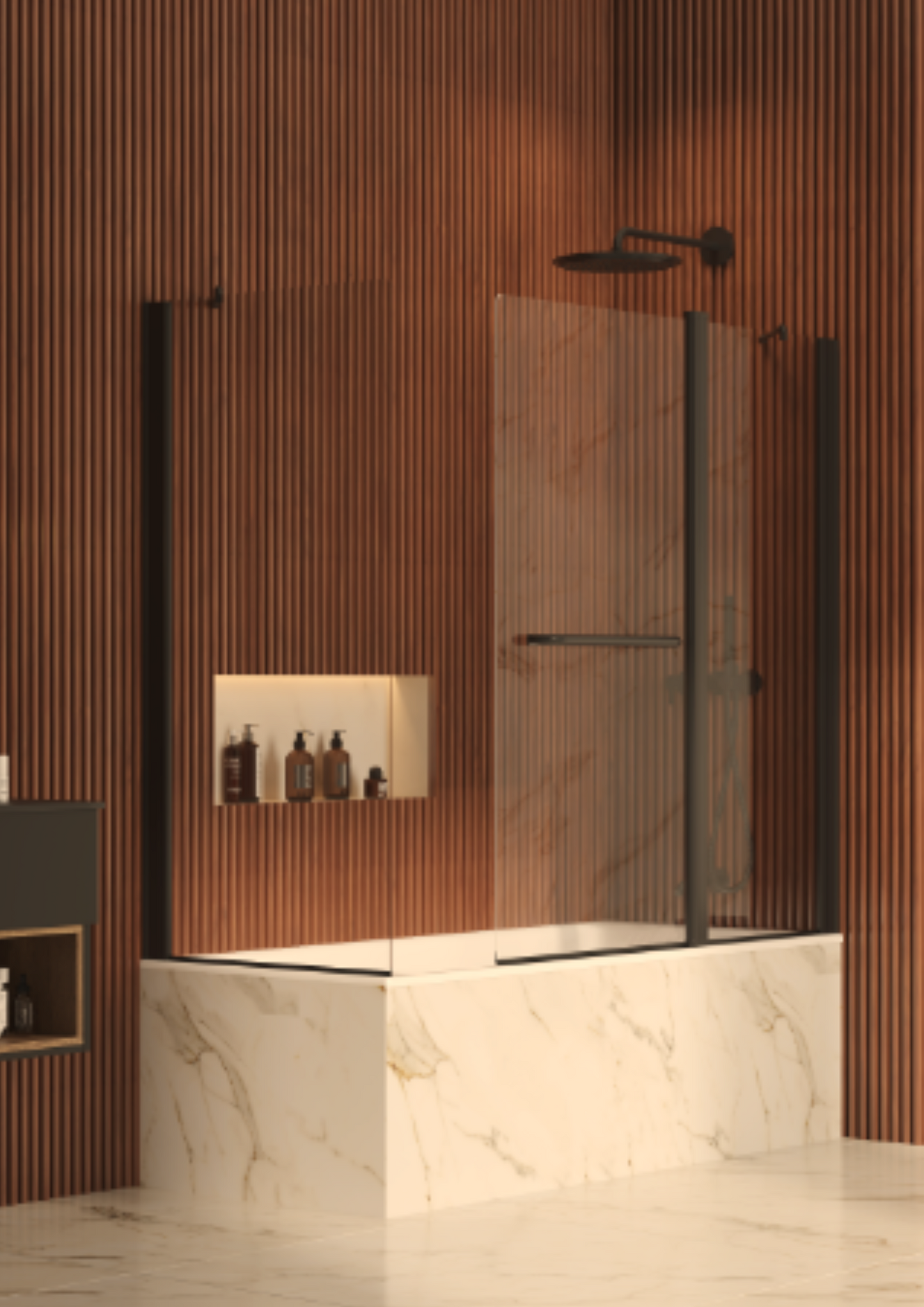 דופן קבועה לאמבטיה 67-70 ס"מ שחור זכוכית שקופה