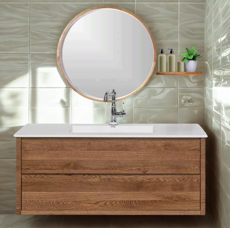 ארון אמבט עץ תלוי אמיר עם כיור אינטגרלי חרס