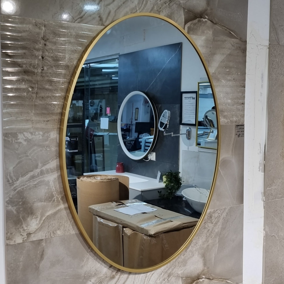 מראה אובלית מסגרת אלומיניום זהב מט 100/60 ניתן לתליה לאורך ולרוחב